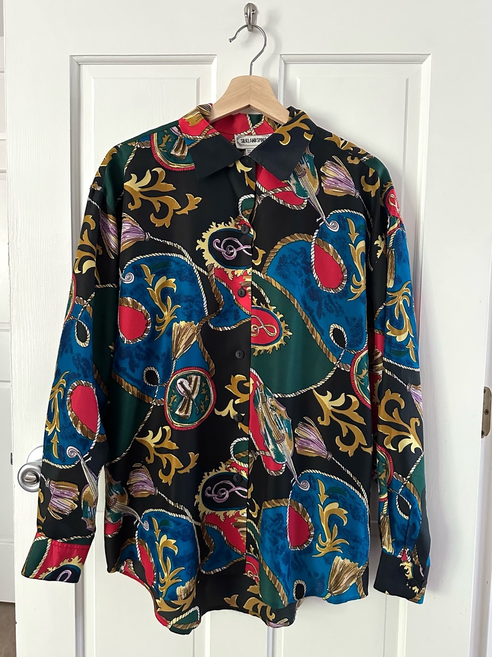 Vintage Silkland Sport 100% Silk Button Shirt Baroque Musical Print Oversized M